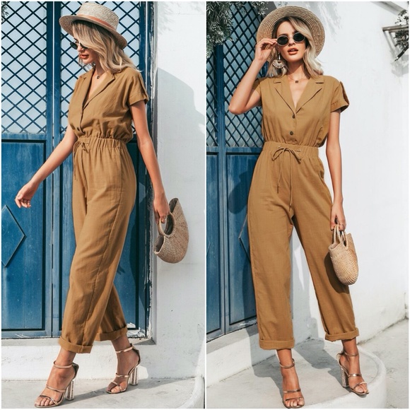 Boho Mustard Yellow Short Sleeve Jumpsuit - Picture 2 of 3